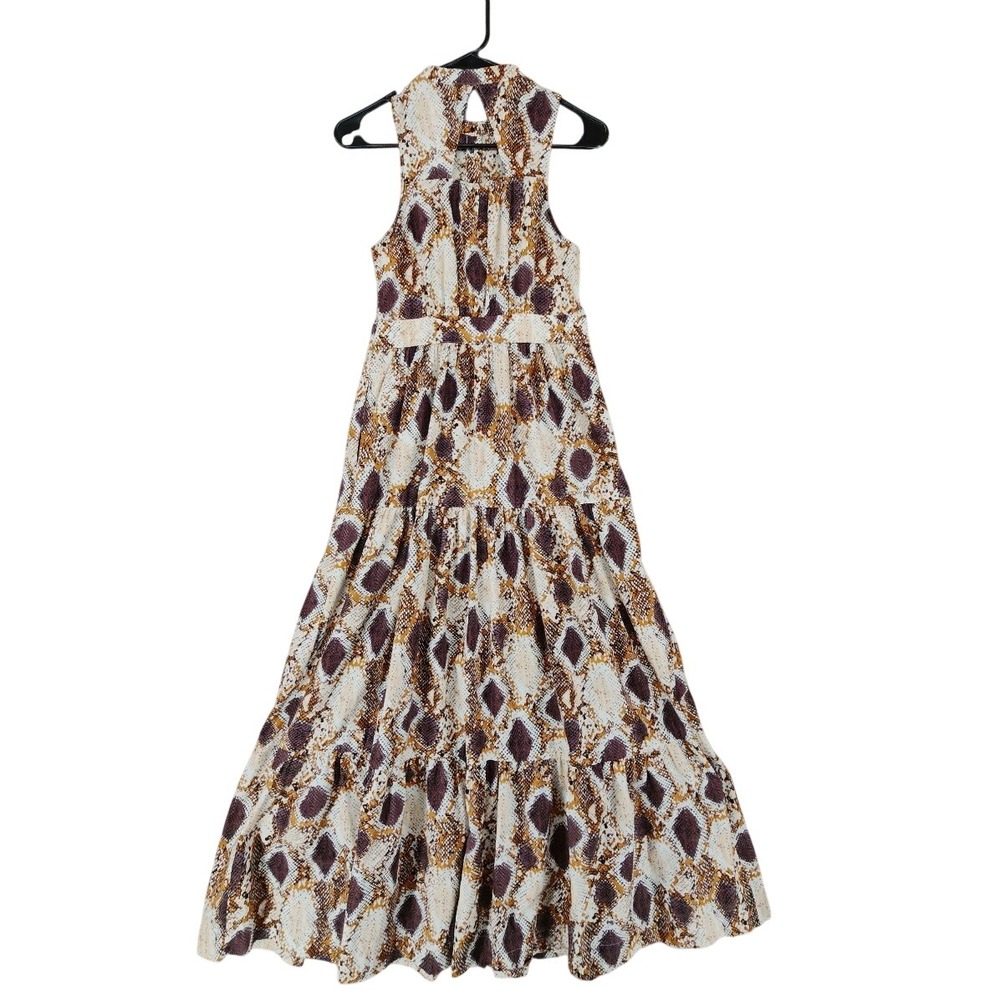 Anthropologie Maeve Maxi Dress 4 Brown Snakeskin Print Tiered Button Front Boho - Picture 3 of 12